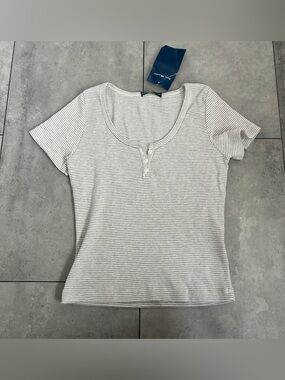 NEW Brandy Melville tan white striped zelly henley t-shirt One Size
